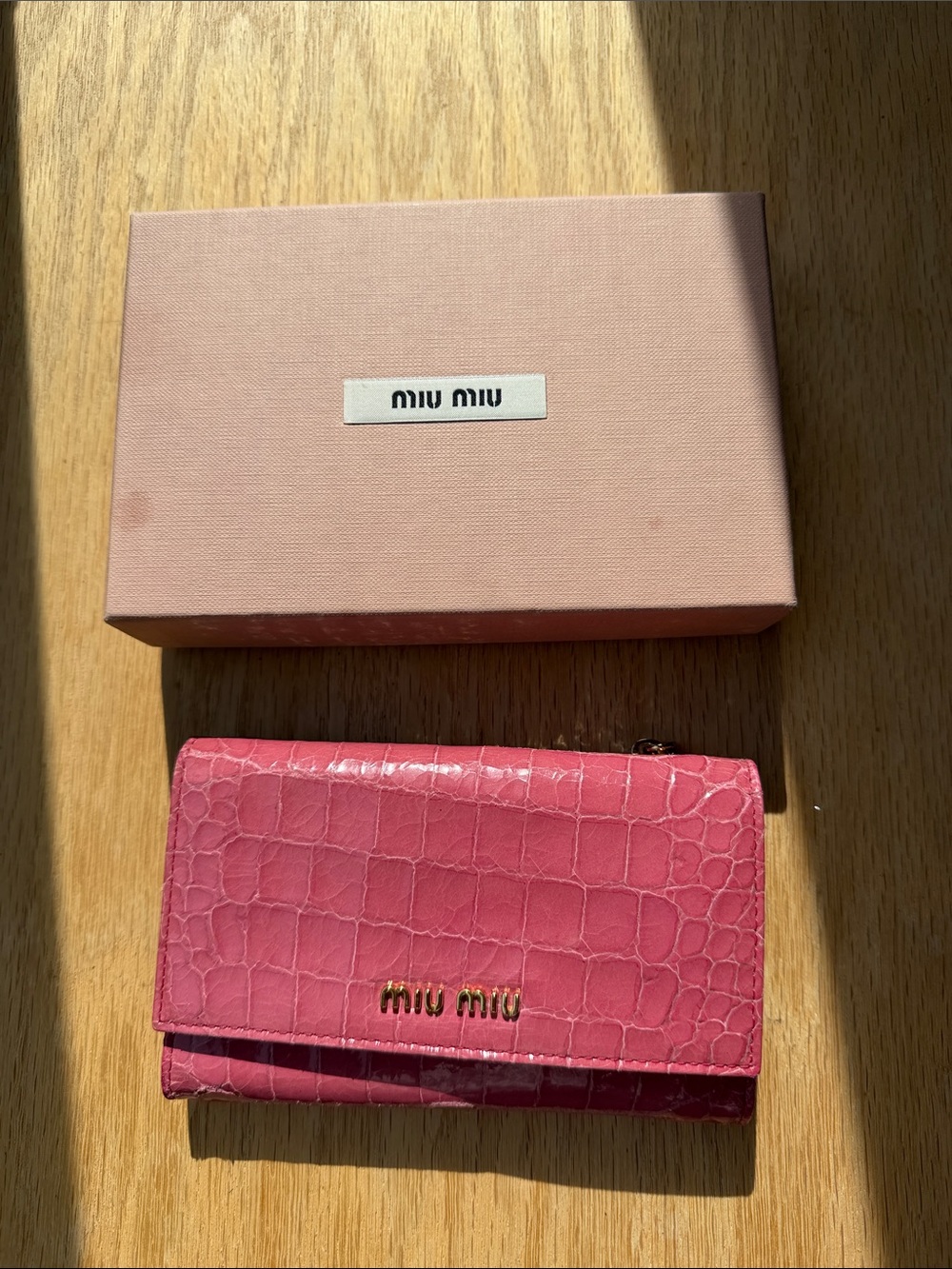 Miu Miu Pink Croc-Embossed Compact Wallet with Gold Logo